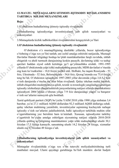 o'zbekiston hududlarining ijtimoiy-iqtisodiy rivojlanishi — DOCX