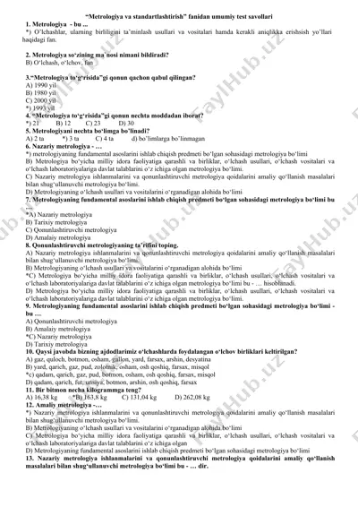 "metrologiya va standartlashtirish" fanidan umumiy test savollari — DOCX