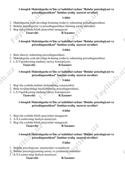 bolalar psixologiyasi va psixodiagnostikasi fanidan oraliq nazorat savollari — DOCX