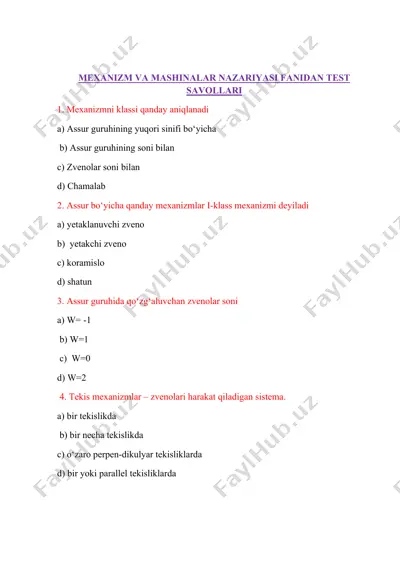 mexanizm va mashinalar nazariyasi fanidan test savollari — DOCX