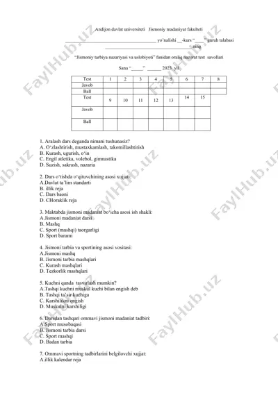 jismoniy tarbiya nazariyasi va uslobiyoti fanidan oraliq nazorat test savollari — DOCX