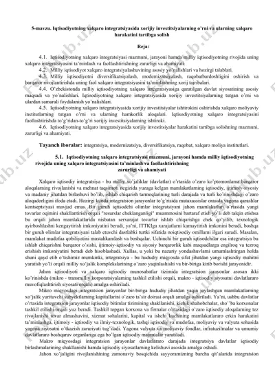 iqtisodiyotning xalqaro integratsiyasida xorijiy investitsiyalarning o’rni va ularning xalqaro harakatini tartibga solish — DOCX