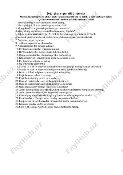 qurilish materiallari nazorat savollari — DOCX