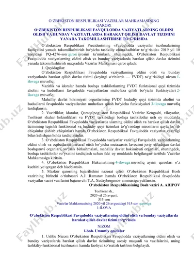o‘zbekiston respublikasi vazirlar mahkamasining qarori — DOCX