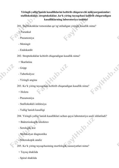 yiringli-yallig‘lanish kasalliklarini keltirib chiqaruvchi mikroorganizmlar: stafilokokklar, streptokokklar, ko‘k yiring tayoqchasi keltirib chiqaradigan kasalliklarning laboratoriya tashhisi — DOCX