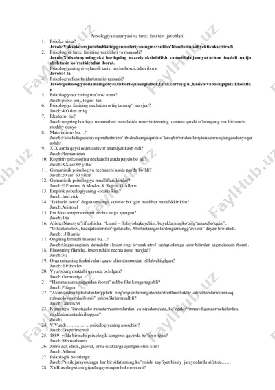 psixologiya nazariyasi va tarixi fani test javoblari — DOCX