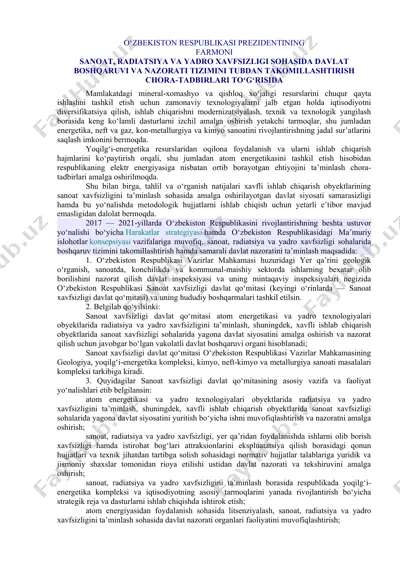 sanoat, radiatsiya va yadro xavfsizligi sohasida davlat boshqaruv va nazorat tizimini tubdan takomillashtirish chora-tadbirlari — DOCX