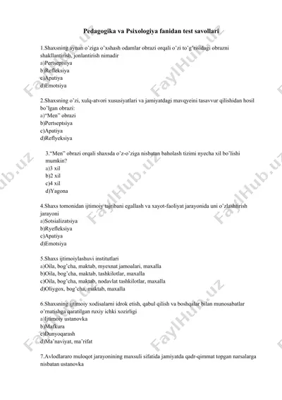 pedagogika va psixologiya fanidan test savollari — DOCX