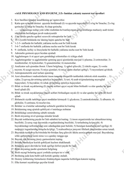 age physiology and hygiene_uz fanidan yakuniy nazorat test savollari — DOCX