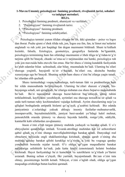 umumiy psixologiyasi fanining predmeti, rivojlanish tarixi, sohalari va tadqiqot metodari. — DOCX