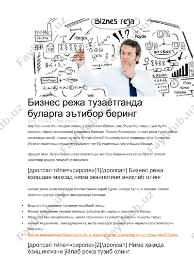 biznes reja tuzish bo'yicha ma'lumotlar — DOCX