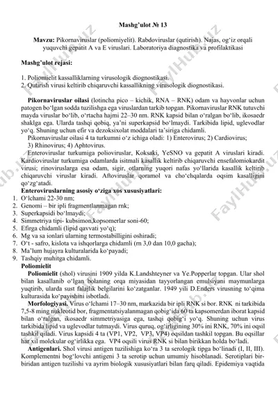 pikornaviruslar (poliomiyelit), rabdoviruslar (qutirish), najas, og‘iz orqali yuquvchi gepatit a va e viruslari — DOCX