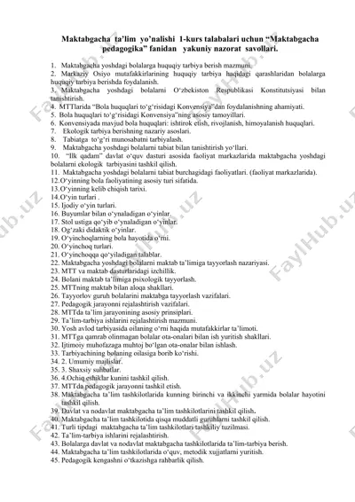 maktabgacha pedagogika - yakuniy nazorat savollari — DOCX