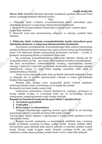 tibbiyotda ishchi o’rinlarini avtomatlashtirishda matnli axborotlarni qayta ishlashning ahamiyati va uning keng imkoniyatlaridan foydalanish — DOCX