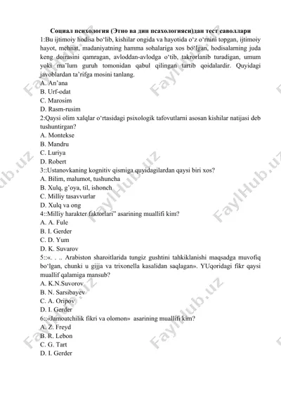 социал психология (этно ва дин псахологияси)дан тест саволлари — DOCX