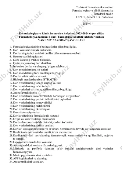 farmakologiya va klinik farmatsiya nazariyasi — DOCX