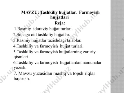 tashkiliy hujjatlar va farmoyish hujjatlari — PPTX