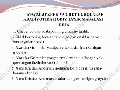 o‘zbek va chet el bolalar adabiyotida ijodiy ta’sir masalasi — PPTX