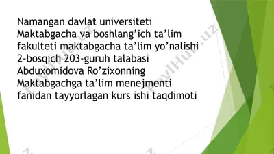 maktabgacha ta'lim tashkiloti rahbariga qo'yiladigan talablar — PPTX
