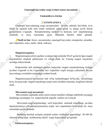 umurtqali hayvonlar sezgi a'zolari sensor mexanizmi — DOCX