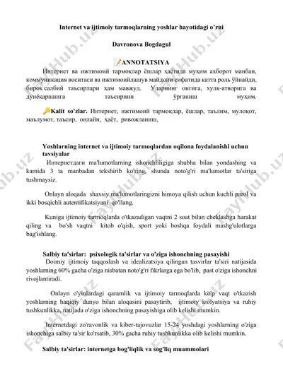 yoshlarning internet va ijtimoiy tarmoqlardan oqilona foydalanishi uchun tavsiyalar — DOCX