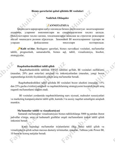 biznes-intellektual vositalari (bi vositalari) — DOCX