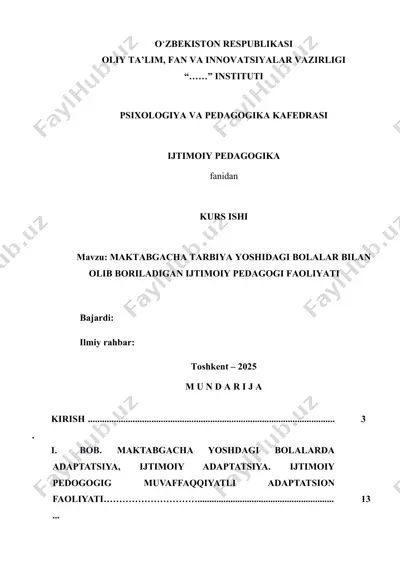 maktabgacha tarbiya yoshidagi bolalar bilan olib boriladigan ijtimoiy pedagogi faoliyati — DOCX