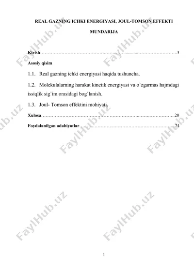 real gazning ichki energiyasi, joul-tomson effekti — DOCX