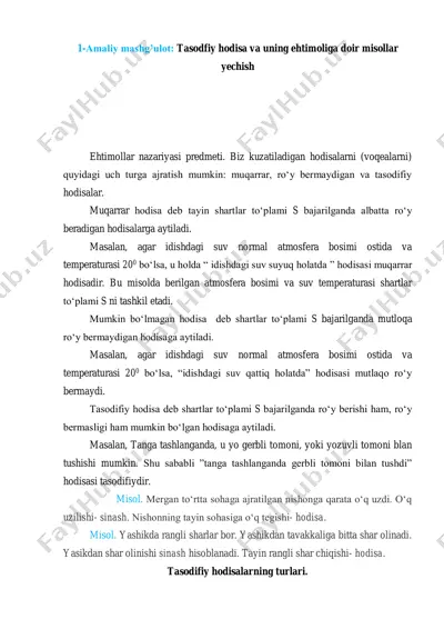 tasodifiy hodisalar va ularning misollariga doir ehtimollar nazariyasi — PDF