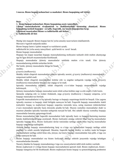 biznes huquqi tushunchasi va manbalari — PDF