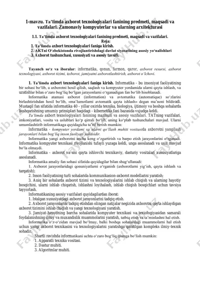 ta’limda axborot texnologiyalari fanining predmeti, maqsadi va vazifalari — PDF