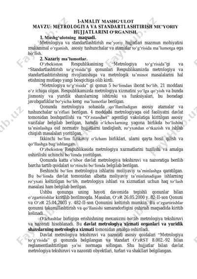 metrologiya va standartlashtirish me'yoriy hujjatlari — PDF