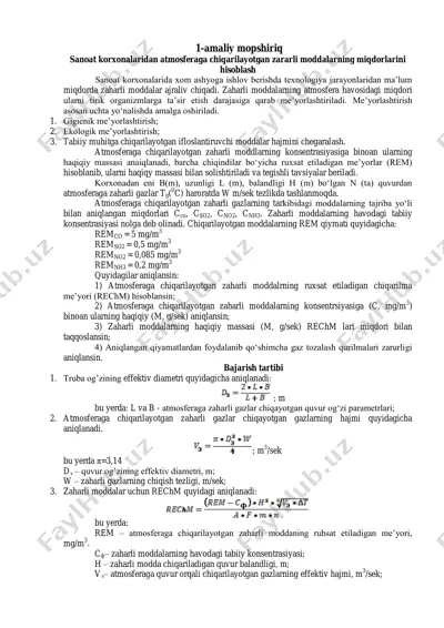 atmosferaga chiqarilayotgan zaharli moddalarning miqdorlarini hisoblash — PDF