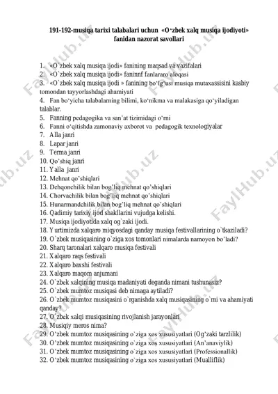 o‘zbek xalq musiqa ijodiyoti fanidan nazorat savollari — PDF