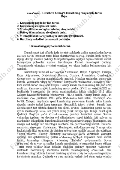 kurash va belbog’li kurashning rivojlanishi tarixi — PDF