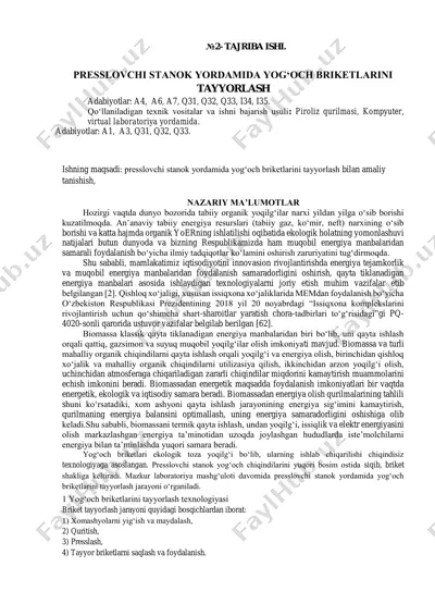 tajriba ishi - presslovchi stanok yordamida yog‘och briketlarini tayyorlash — PDF