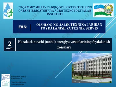 harakatlanuvchi (mobil) energiya vositalarining foydalanish xossalari — PDF