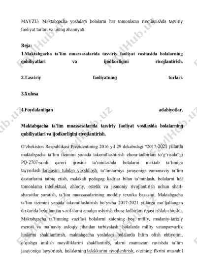 maktabgacha yoshdagi bolalarni har tomonlama rivojlanishda tasviriy faoliyat turlari va uning ahamiyati. — PDF