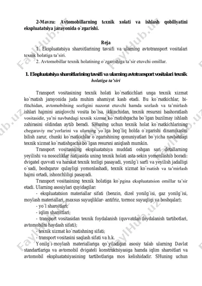 avtomobillarning tеxnik xolati va ishlash qobiliyatini ekspluatatsiya jarayonida o`zgarishi — PDF