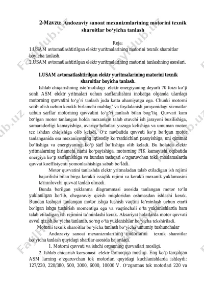 usam avtomatlashtirilgan elektr yuritmalarining matorini texnik sharoitlar bo‘yicha tanlash — PDF