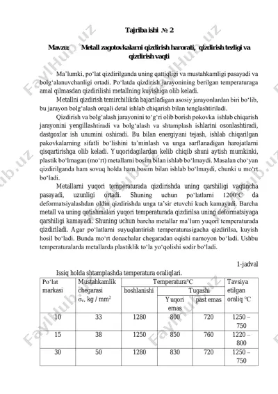 metall zagotovkalarni qizdirish harorati, qizdirish tezligi va qizdirish vaqti — PDF