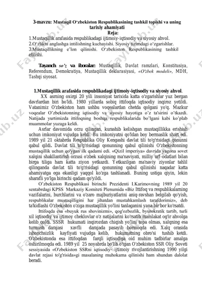 mustaqil o‘zbekiston respublikasining tashkil topishi va uning tarixiy ahamiyati — PDF