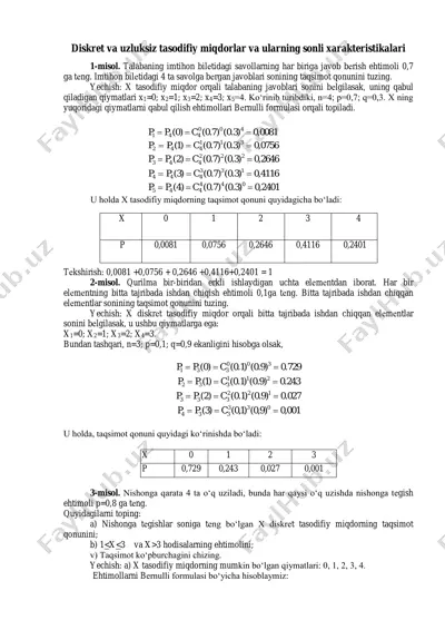 diskret va uzluksiz tasodifiy miqdorlar va ularning sonli xarakteristikalari — PDF