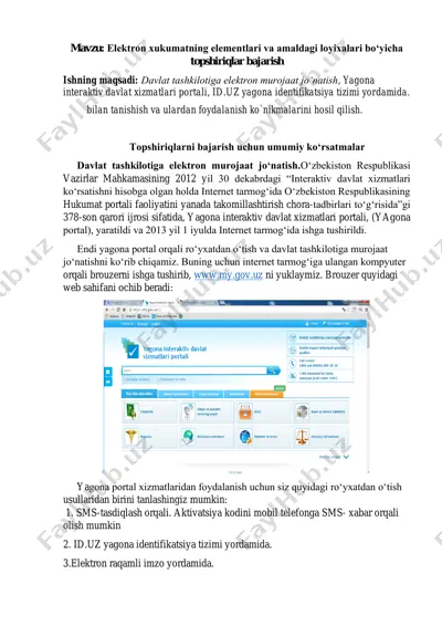 elektron xukumatning elementlari va amaldagi loyixalari bo‘yicha topshiriqlar bajarish — PDF