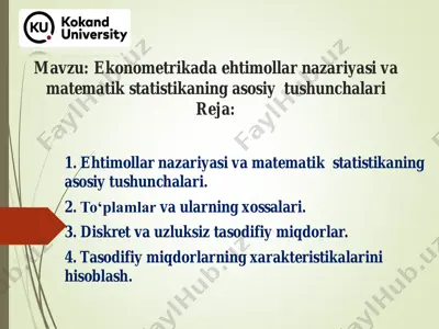 ekonometrikada ehtimollar nazariyasi va matematik statistikaning asosiy tushunchalari — PDF