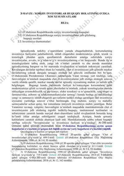 xorijiy investorlar huquqiy holatining o'ziga xos xususiyatlari — PDF