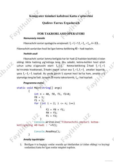 fibonachchi sonlari ketma-ketlikning 40-hadi topish — PDF