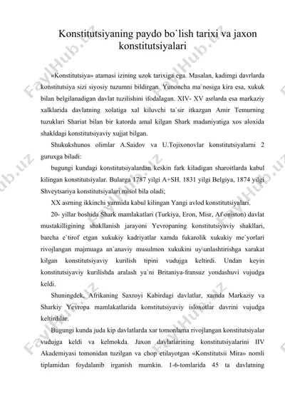 konstitutsiyaning paydo bo'lish tarixi va jaxon konstitutsiyalari — DOC