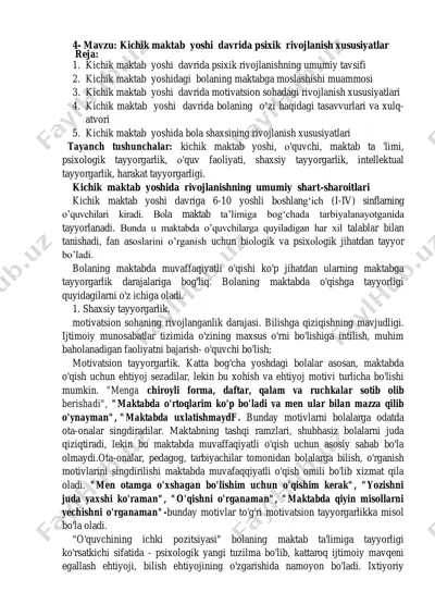 kichik maktab yoshi davrida psixik rivojlanish xususiyatlar — PDF