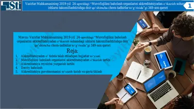 vazirlar mahkamasining 2019-yil  24-apreldagi “muvofiqlikni baholash organlarini akkreditatsiyadan o‘tkazish sohasidagi ishlarni takomillashtirishga doir qo‘shimcha chora-tadbirlar to‘g‘risida”gi 349-son qarori — PDF